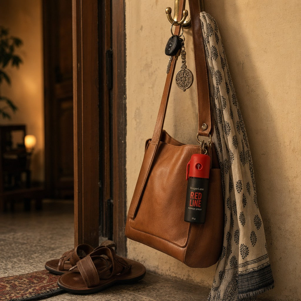 Red Line clipped to a bag by the door