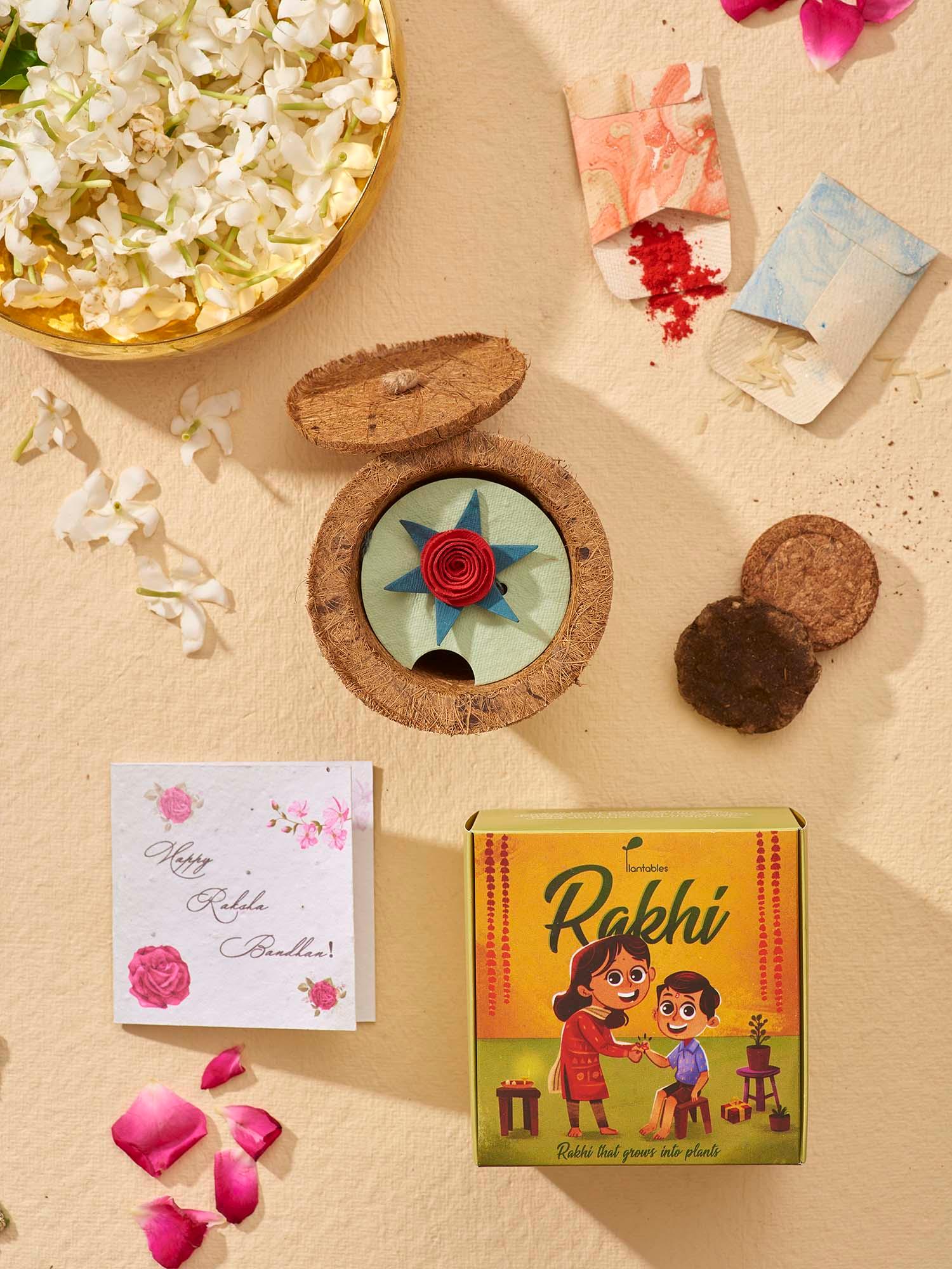 VesperLane Plantable Rose Rakhi Kit — contents flat lay: rakhi, coir pot, roli-chawal pouches, cocopeat and cow dung coins