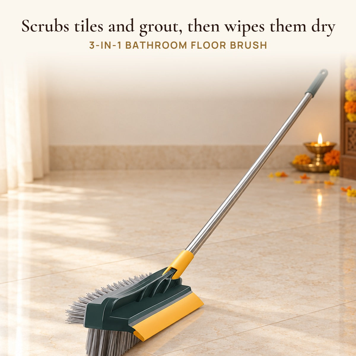 3-in-1 Bathroom Floor Brush: scrubs tiles and grout, then wipes them dry