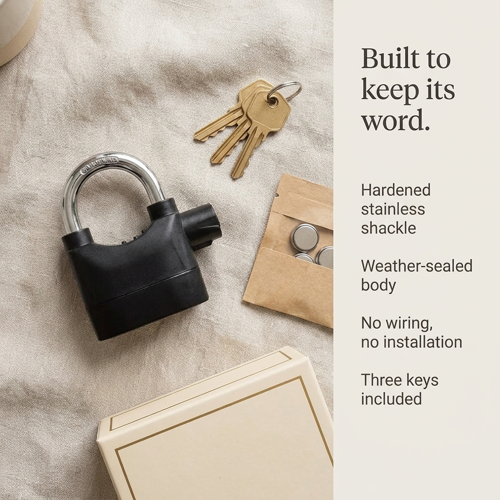 Trust flatlay: shackle, siren, body, keys