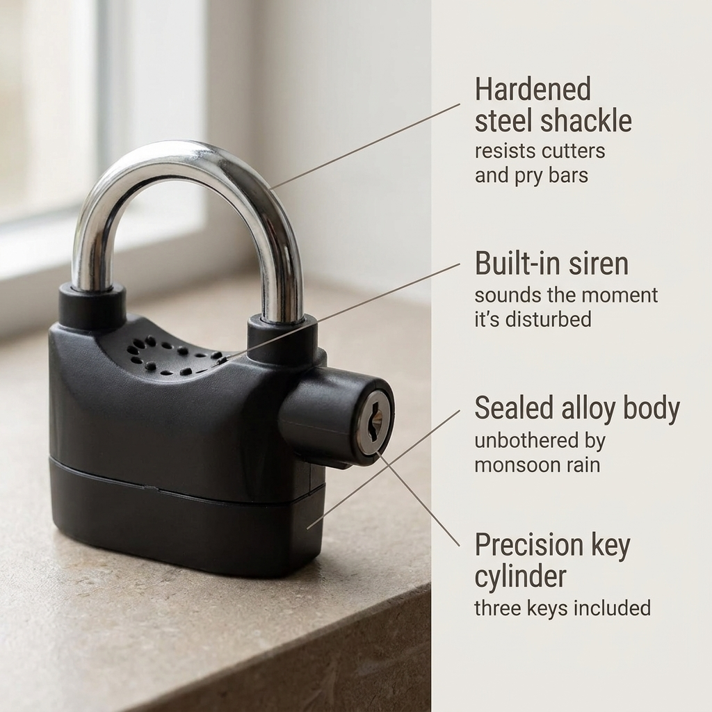 Feature callouts: shackle, siren, body, key cylinder