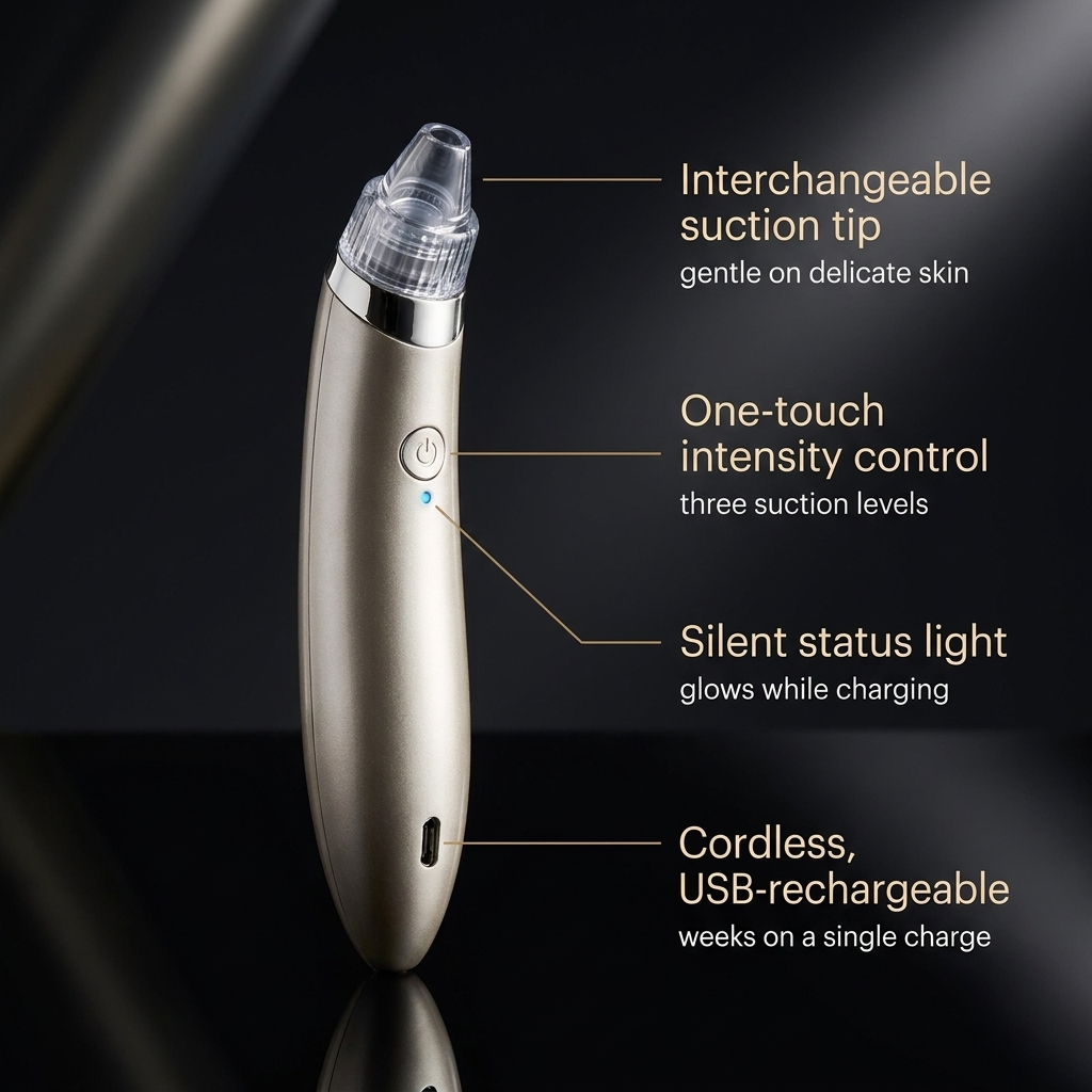 Feature callouts: suction tip, control button, LED, charging port