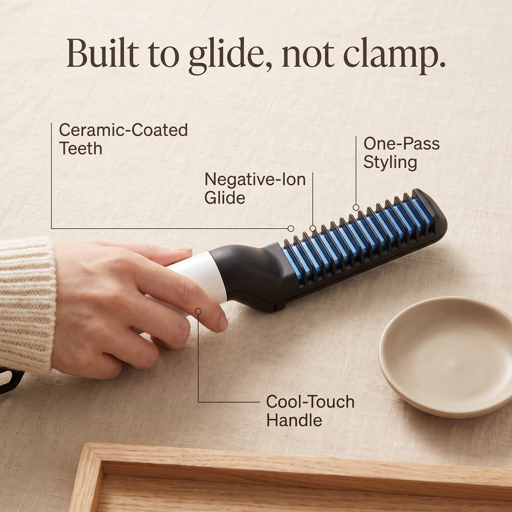 Feature callouts: ceramic-coated teeth, negative-ion glide