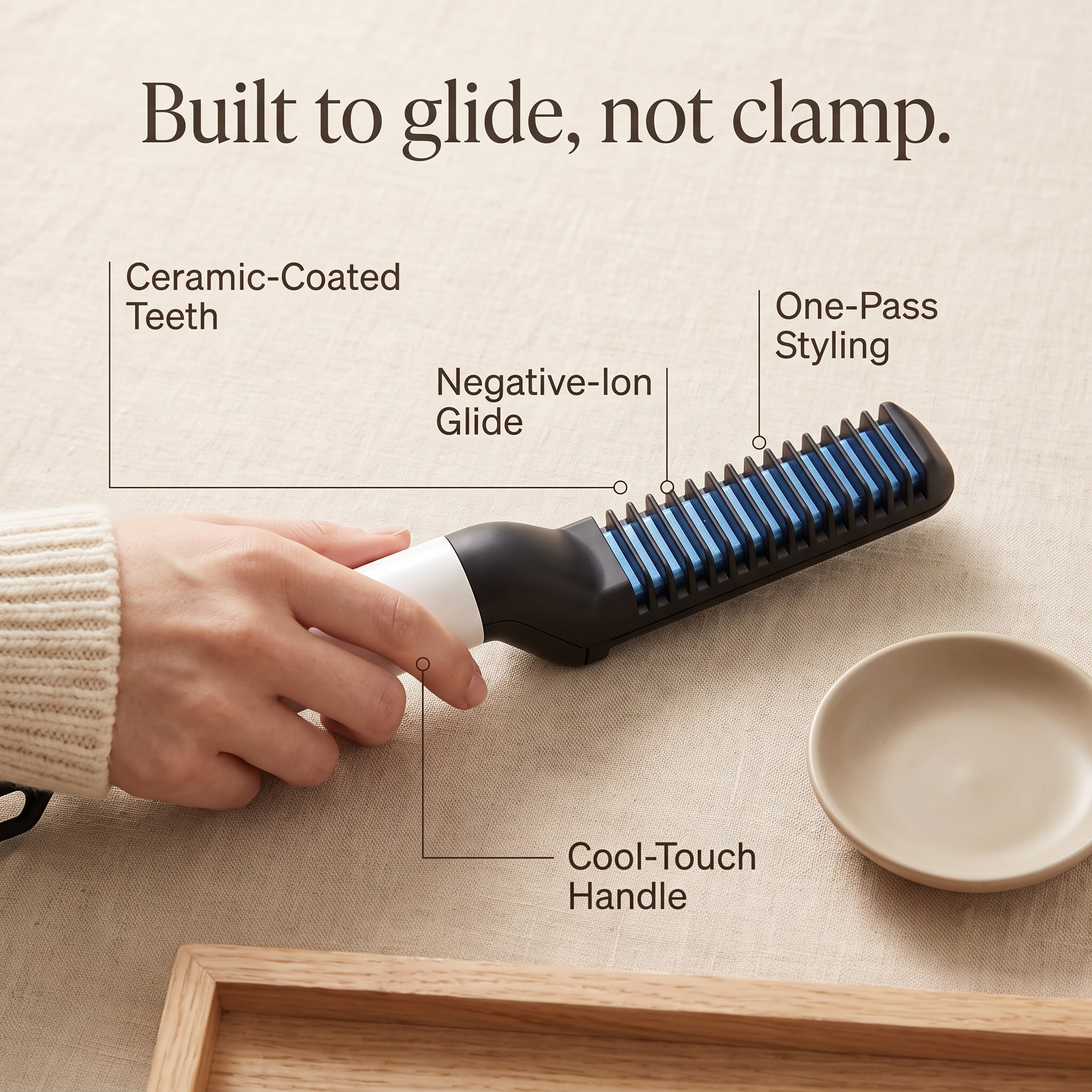 Feature callouts: ceramic-coated teeth, negative-ion glide