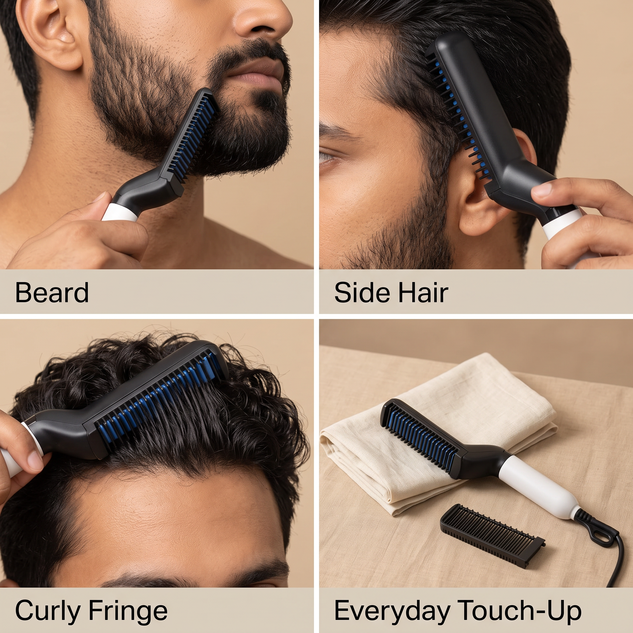Versatility grid: beard, side hair, curly fringe, touch-up, Indian models