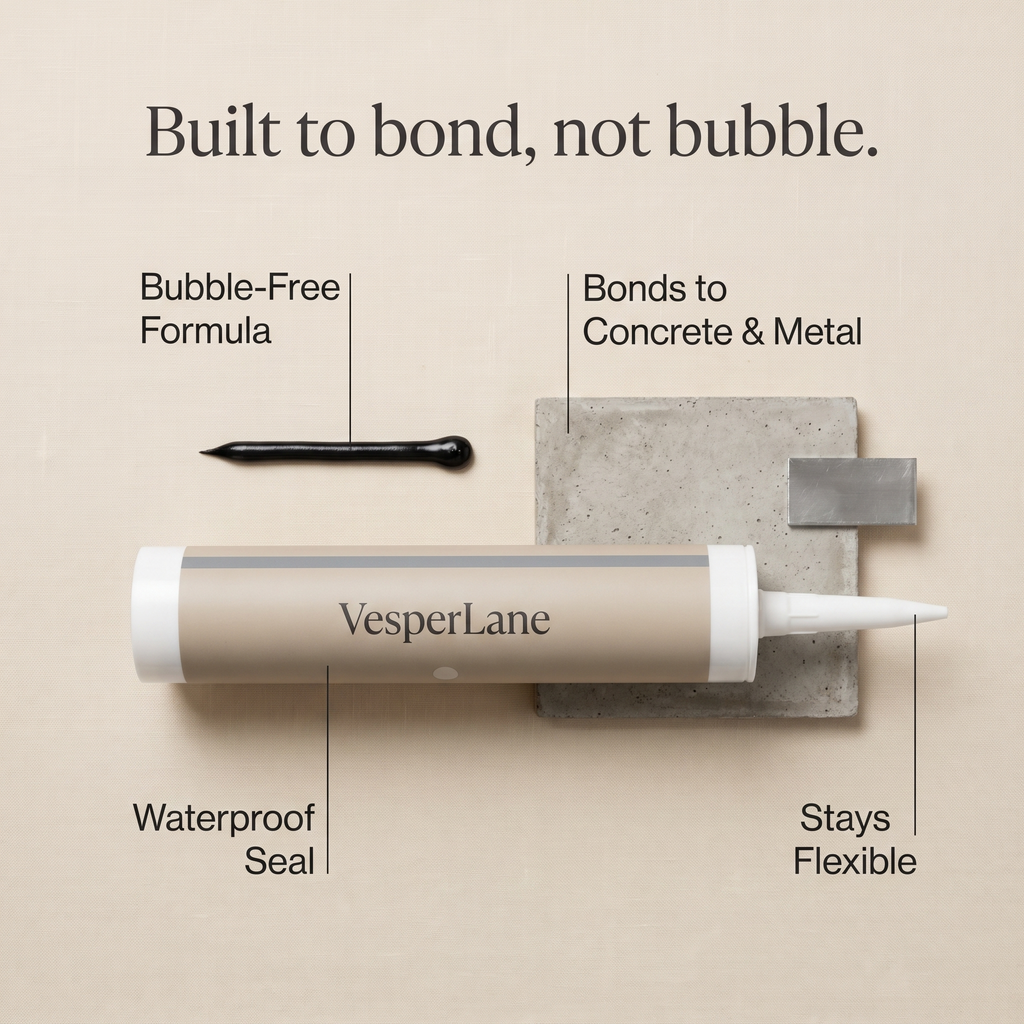 Feature callouts: bubble-free formula, bonds to concrete and metal