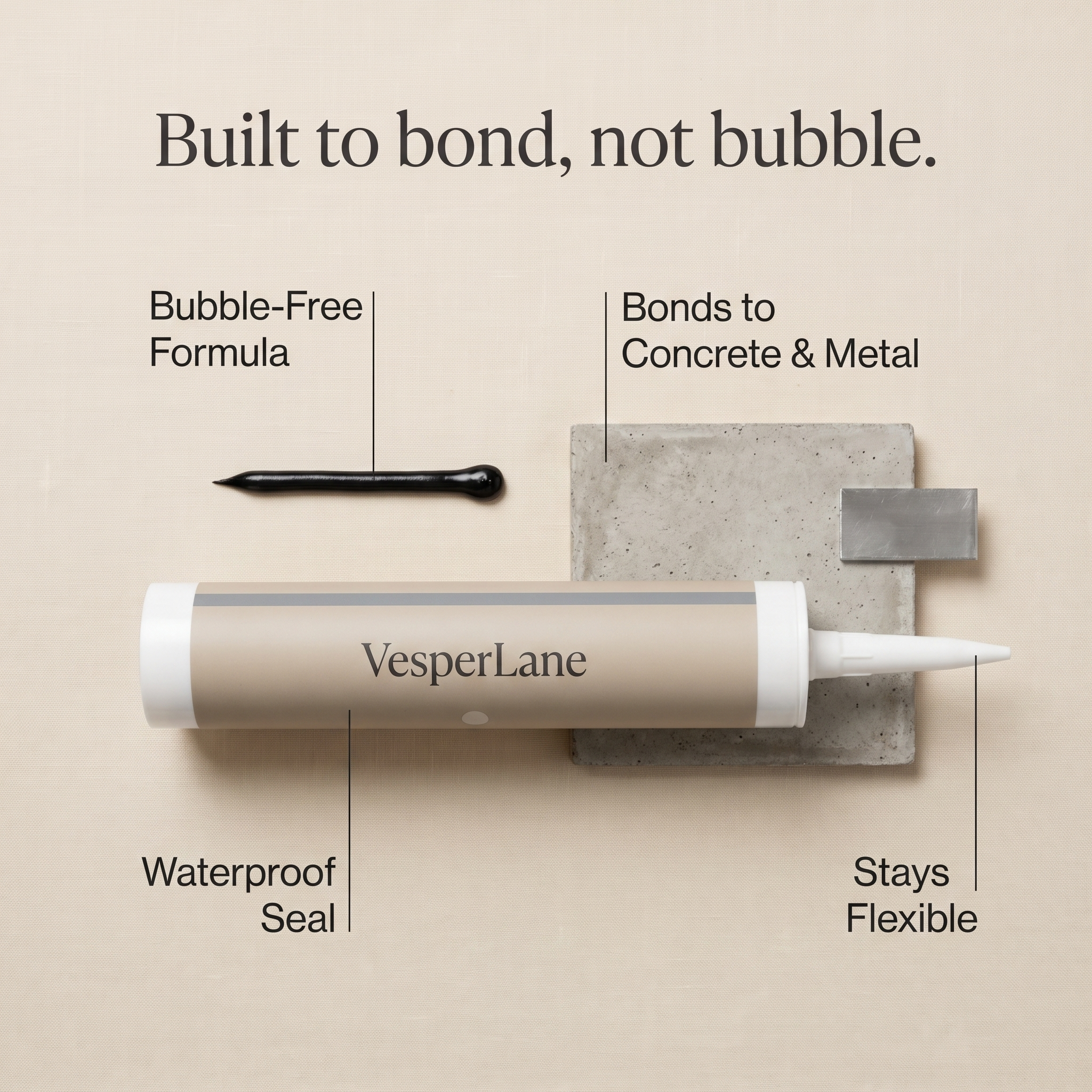 Feature callouts: bubble-free formula, bonds to concrete and metal