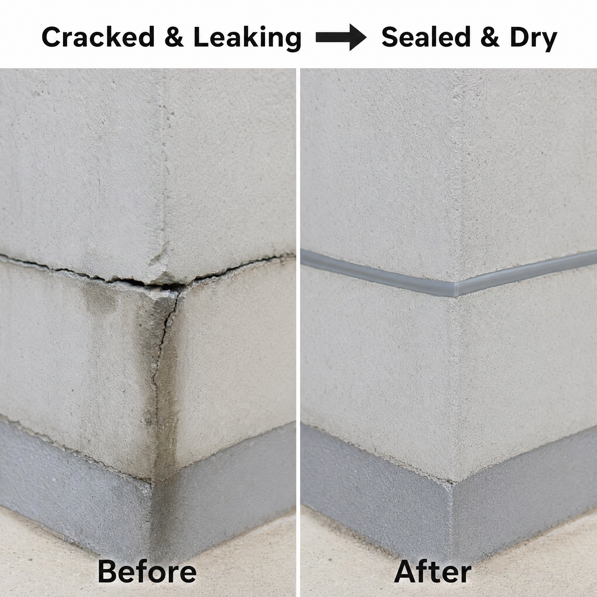 Before and after: cracked wall sealed and dry