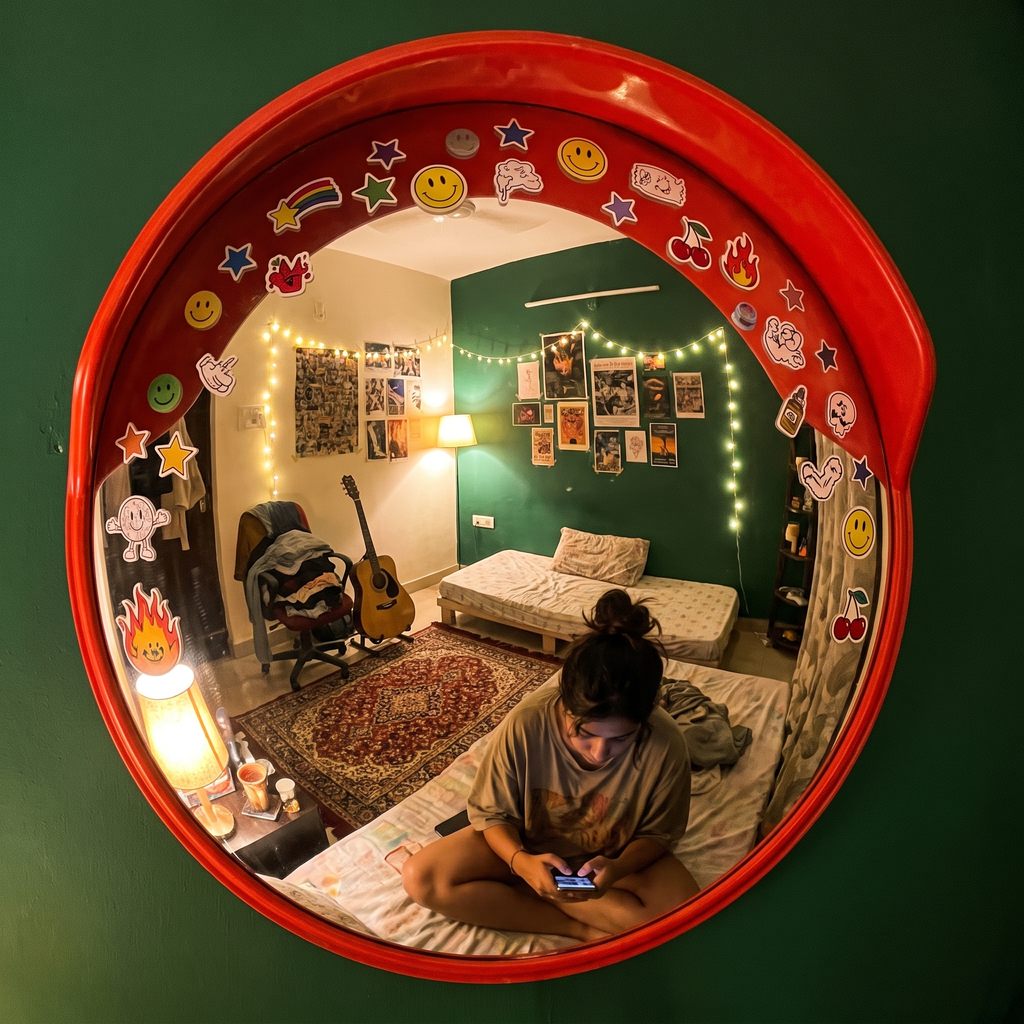 sticker covered convex mirror in a bedroom at night