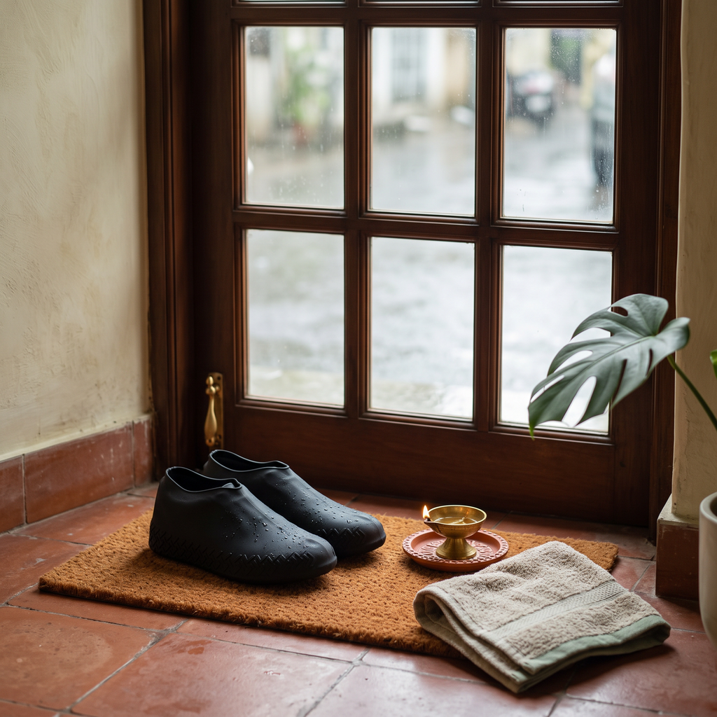 Monsoon doorstep ritual scene