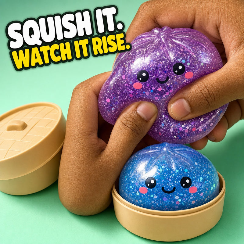 Hands squishing a purple glitter dumpling