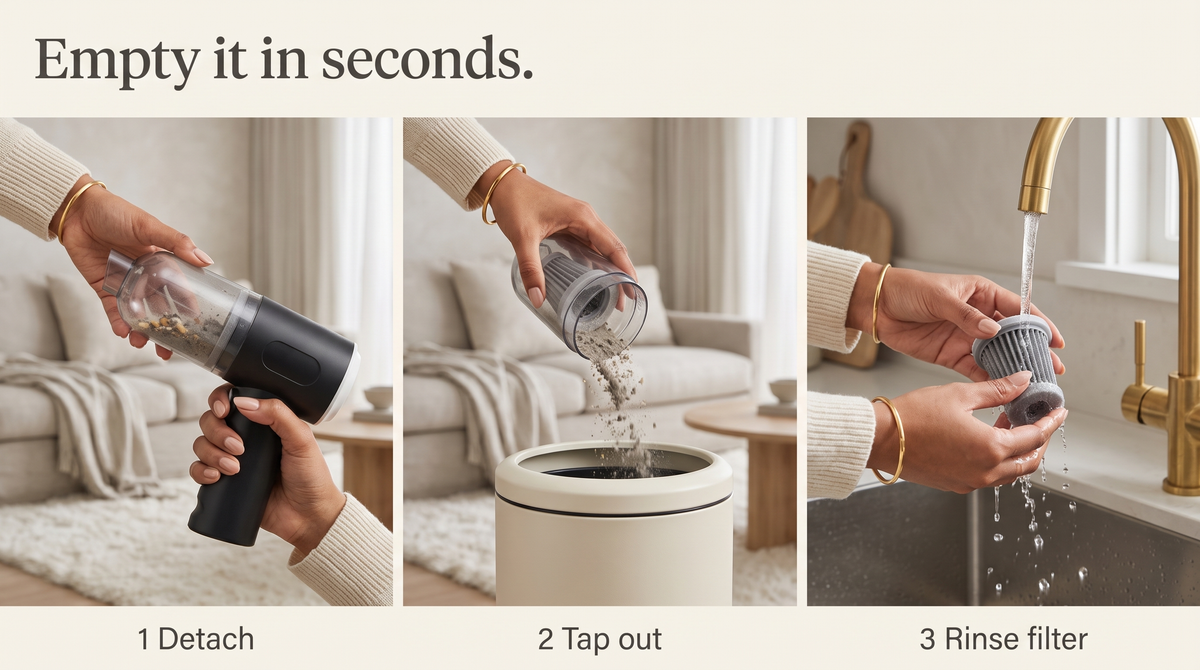 Empty the dust cup and rinse the filter
