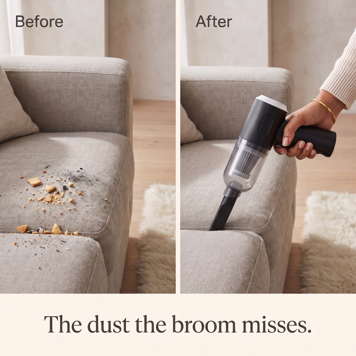 Before and after: crumbs in a sofa seam cleared with the mini vacuum