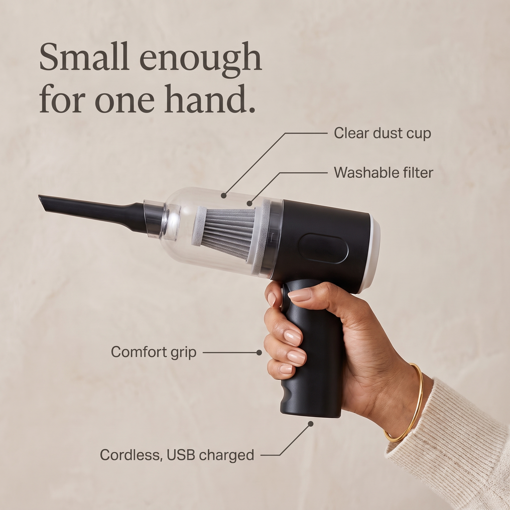 Mini vacuum features: clear dust cup, washable filter, comfort grip, USB charged