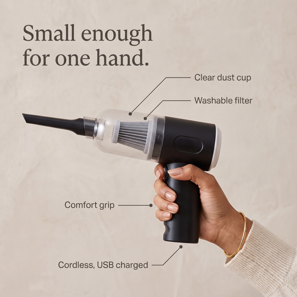 Mini vacuum features: clear dust cup, washable filter, comfort grip, USB charged