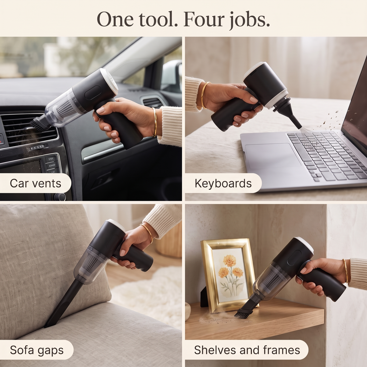 Car vents, keyboards, sofa gaps, shelves and frames