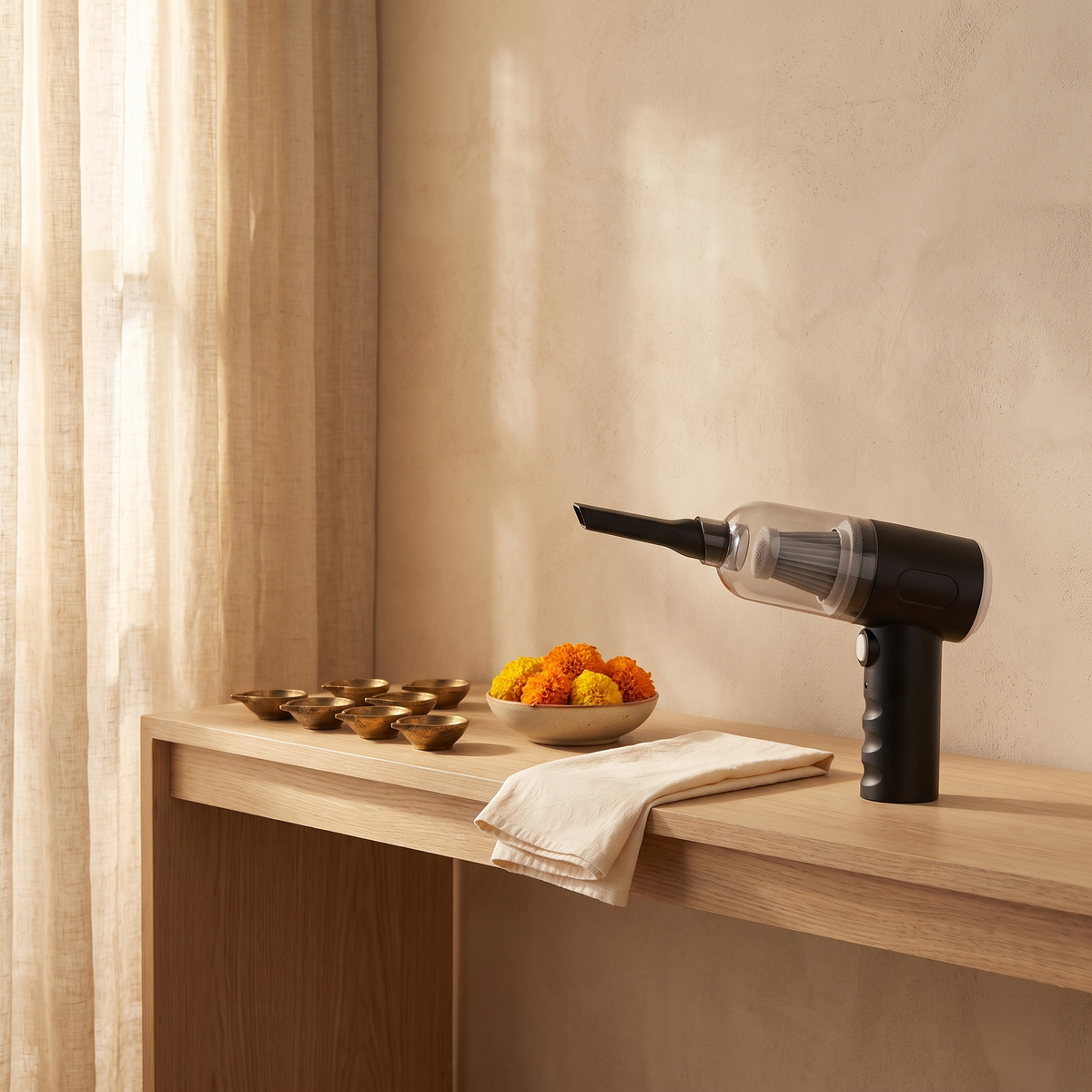 Mini vacuum on a console with brass diyas and marigolds before Diwali