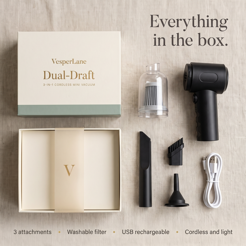 Everything in the box: vacuum, dust cup, filter, 3 attachments, USB cable