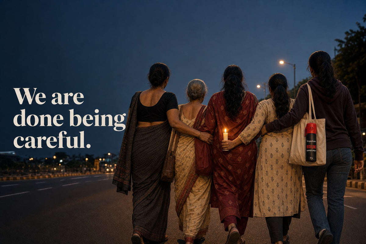 Women walking arm in arm at a march: We are done being careful.