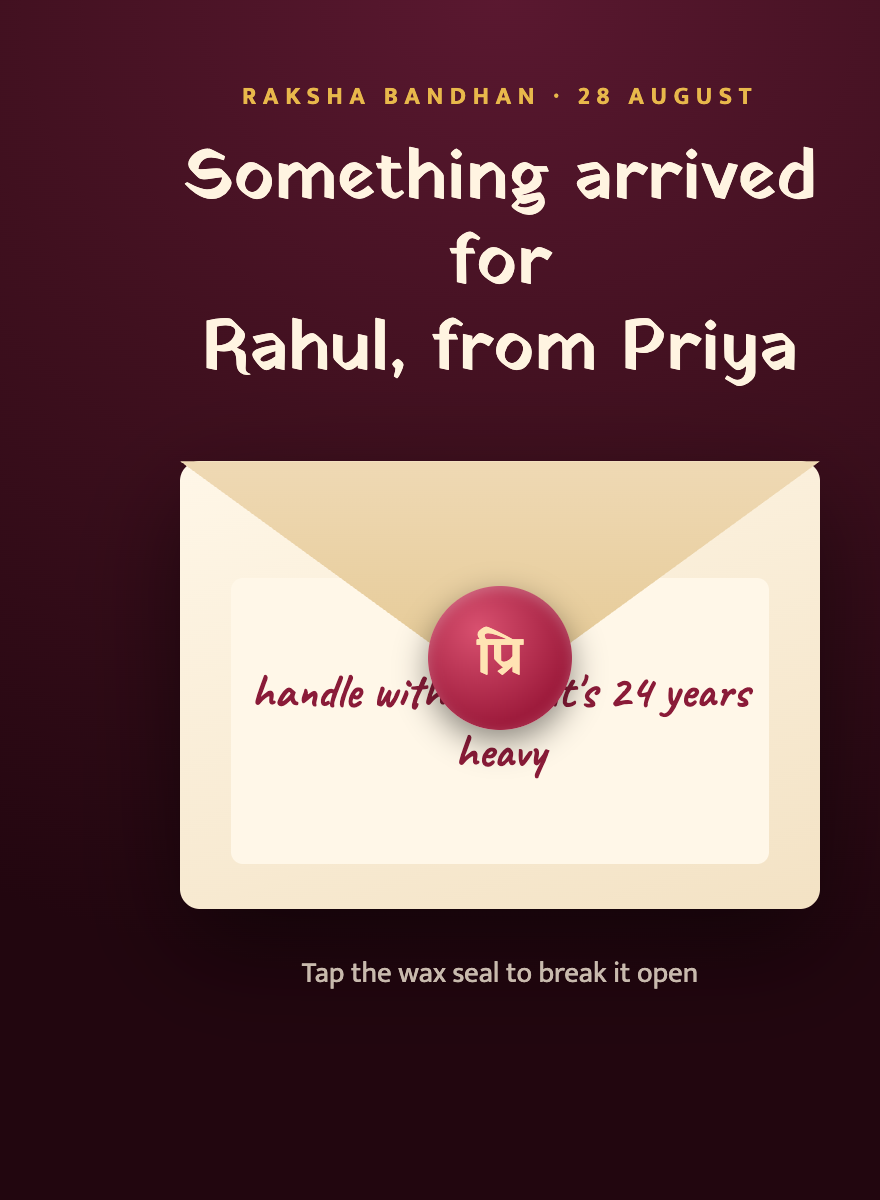 A wax-sealed rakhi page opening with your brother's name